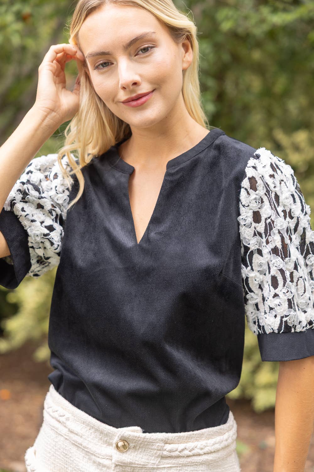 Floral Embroidered Lace Sleeve Colorblock Top