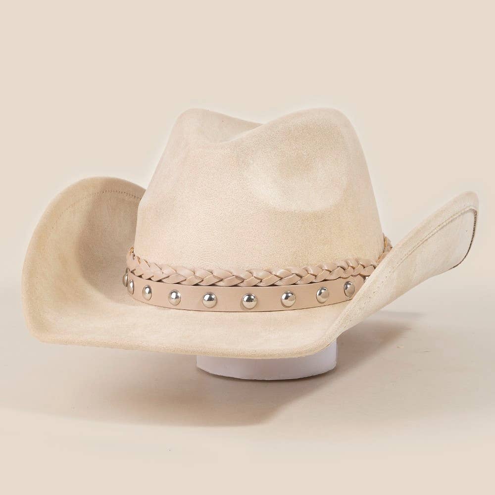 Braided And Studded Strap Faux Suede Cowboy Hat