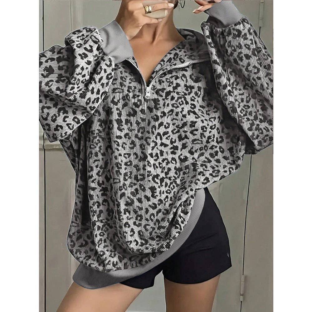 Leopard Corduroy Sweatshirt Streetwear Oversized Half Zip