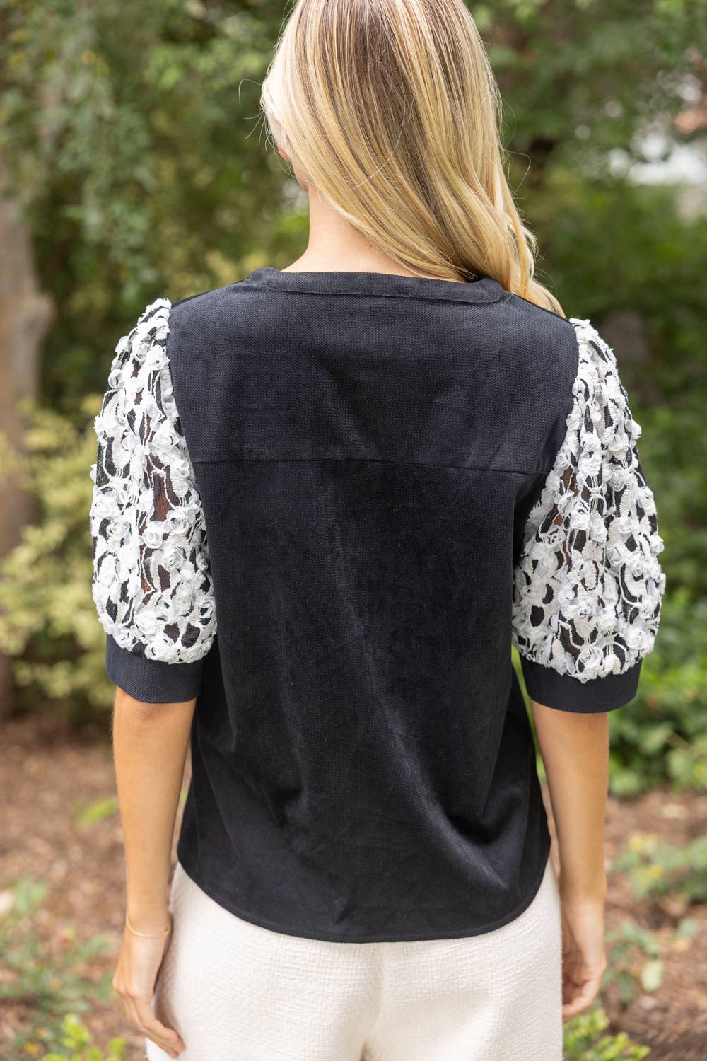 Floral Embroidered Lace Sleeve Colorblock Top