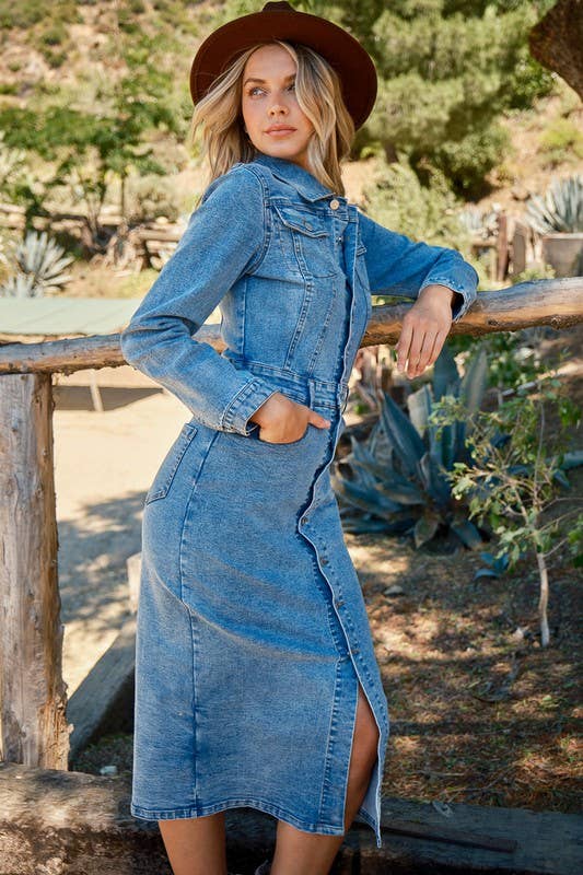 Stretch Button Down Washed Denim Dress