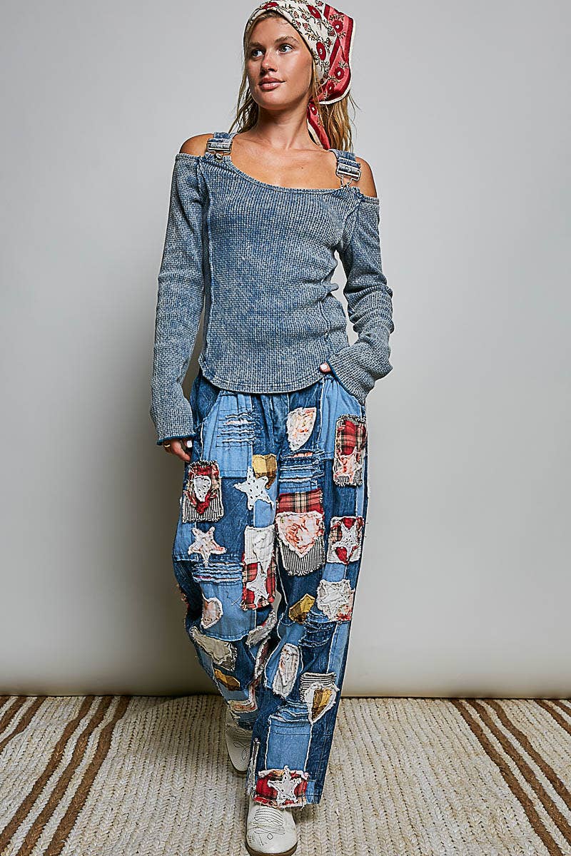 Vintage Washing Solid Buckle Open Shoulder Knit Thermal Top