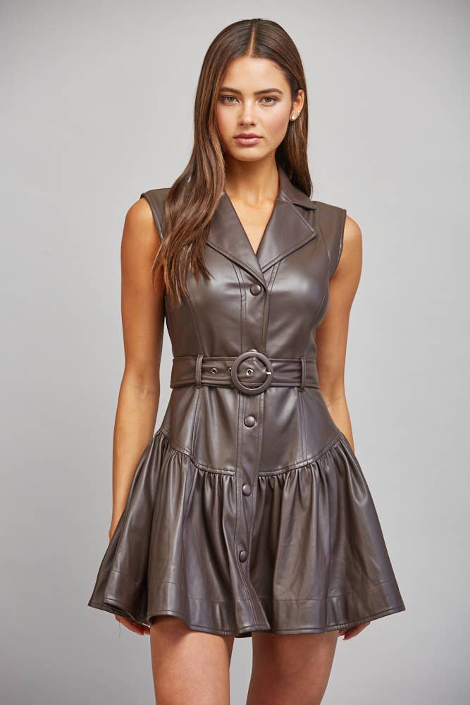 FAUX LEATHER BELTED DROP WAIST DRESS FD35993