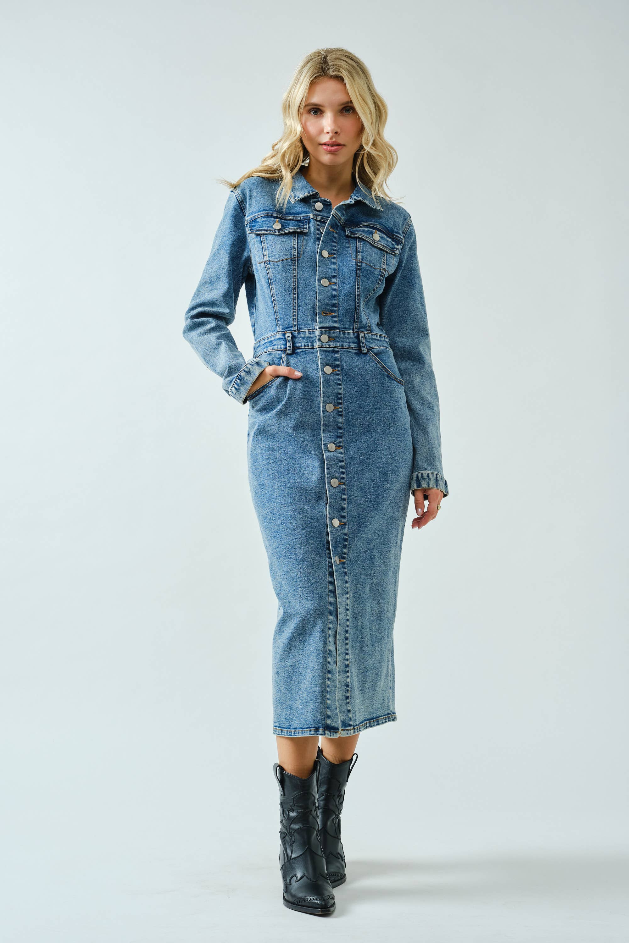 Stretch Button Down Washed Denim Dress