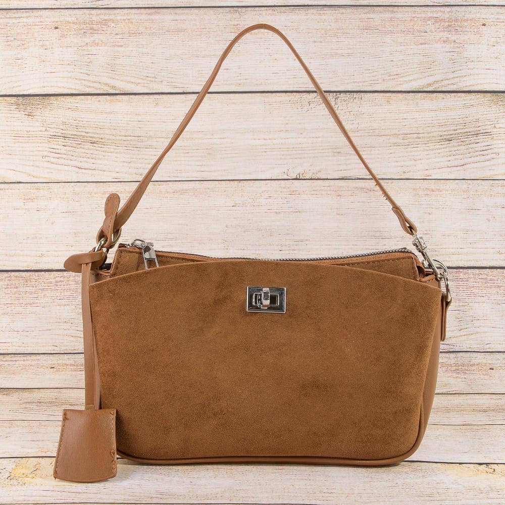 Suede Pouch Shoulder Bag with Turn Lock