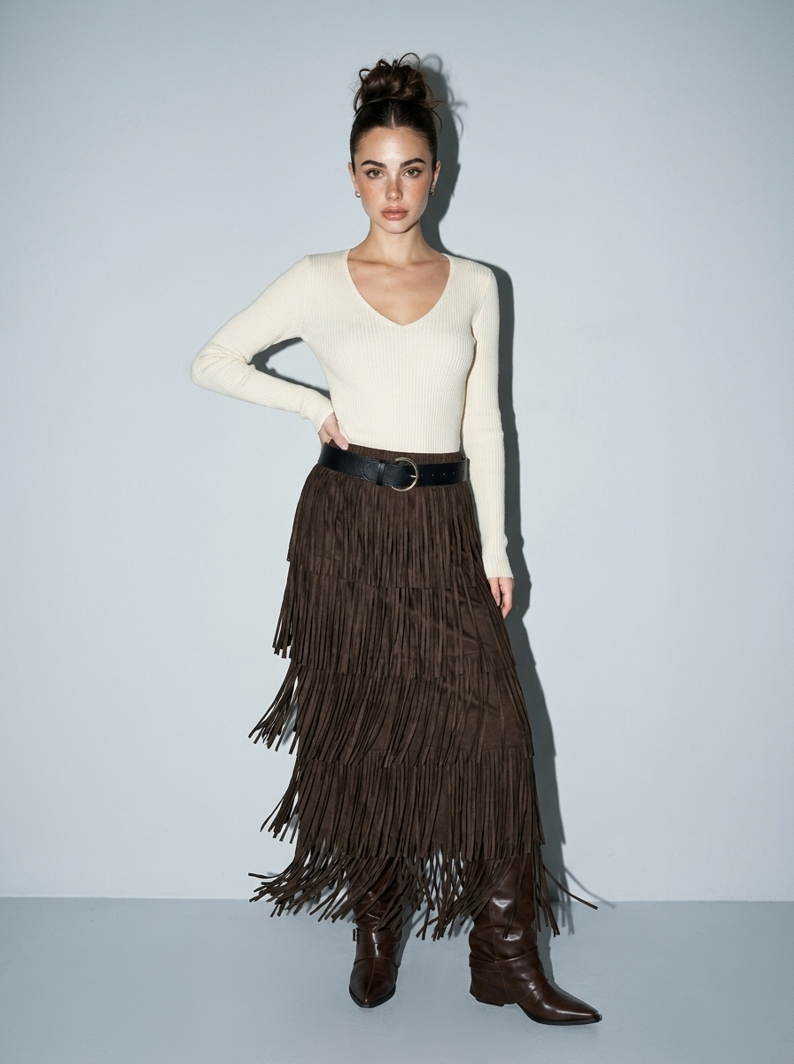 Pleated knit Fringe Layered Skirt with Belt