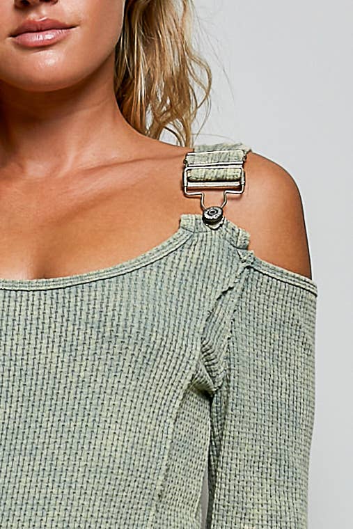Vintage Washing Solid Buckle Open Shoulder Knit Thermal Top