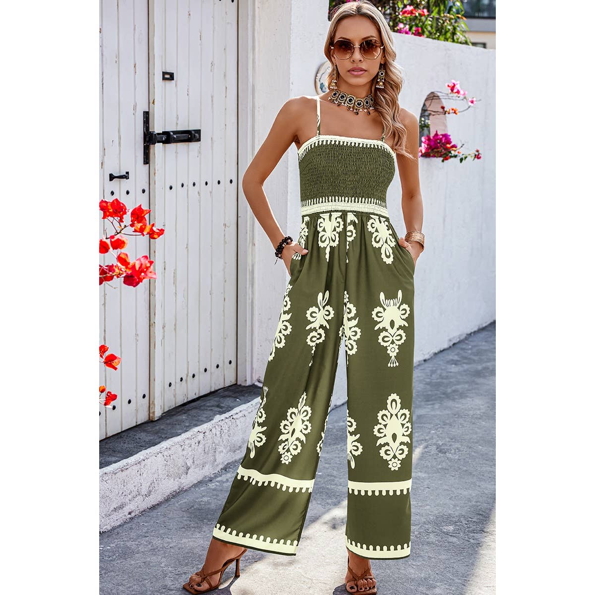 Ruched Printed Jumpsuit