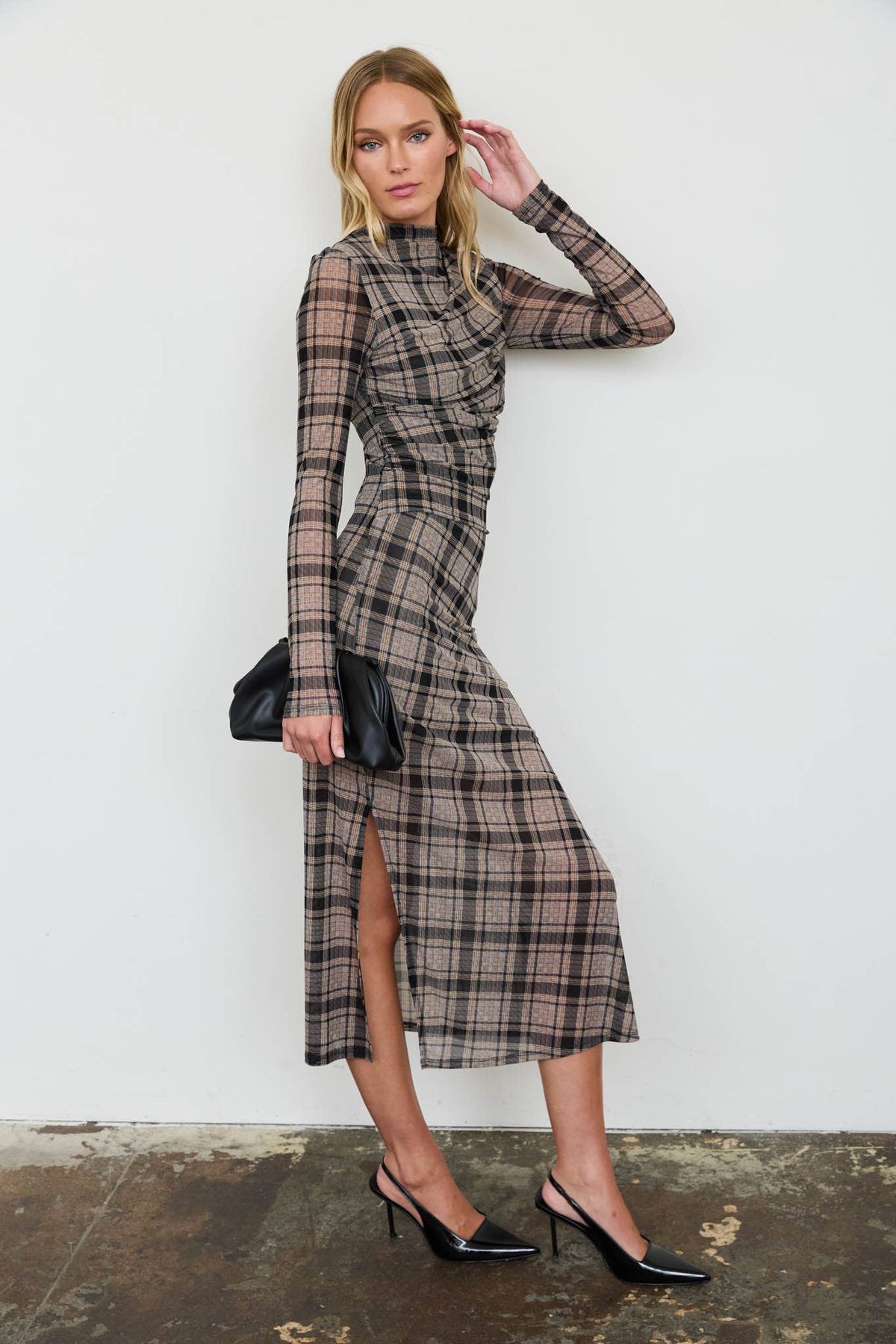 Plaid Mesh Ruched High Neck Midi Dress