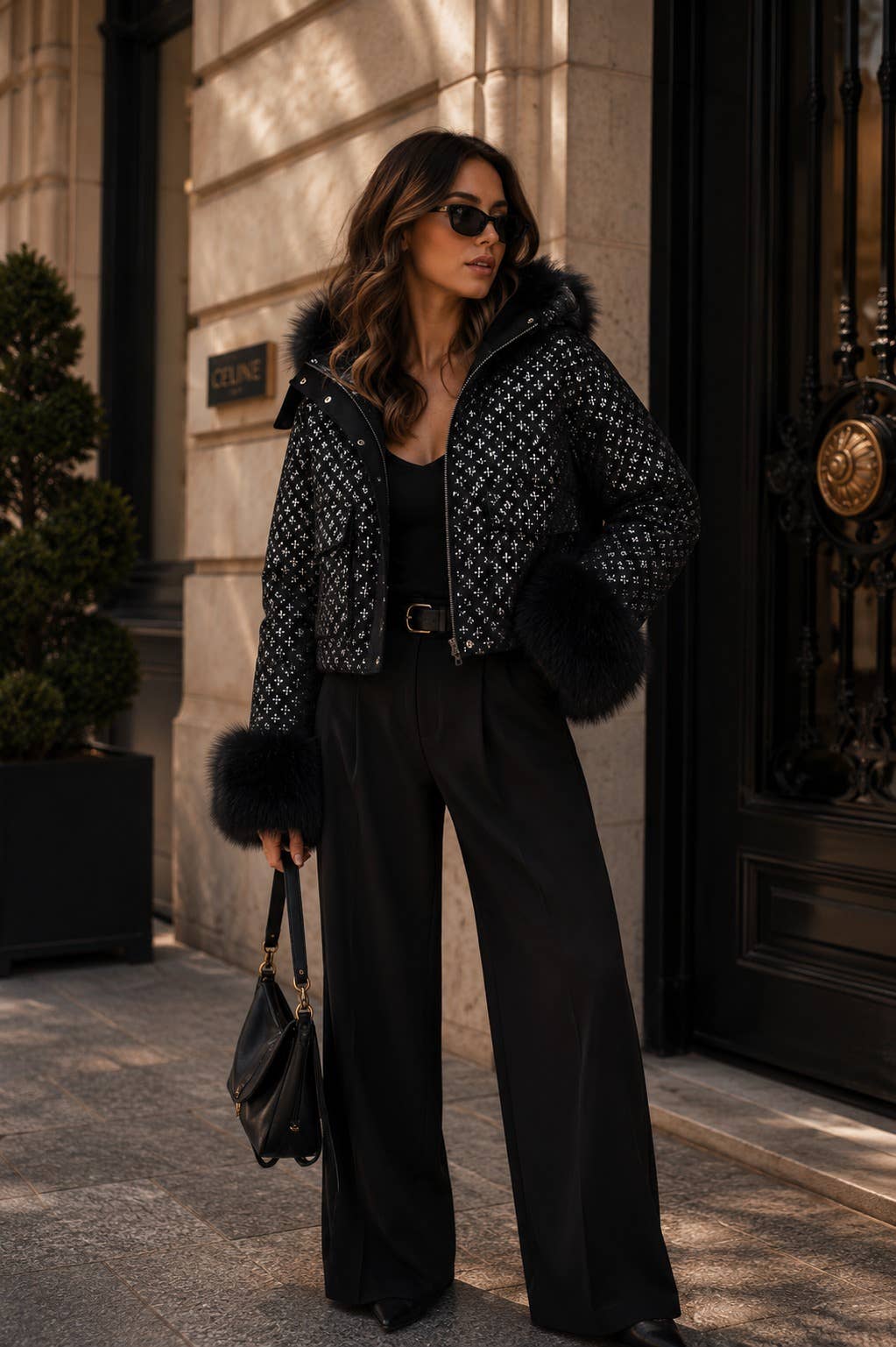 The Starlight Sequin Bomber with Faux Fur Collar