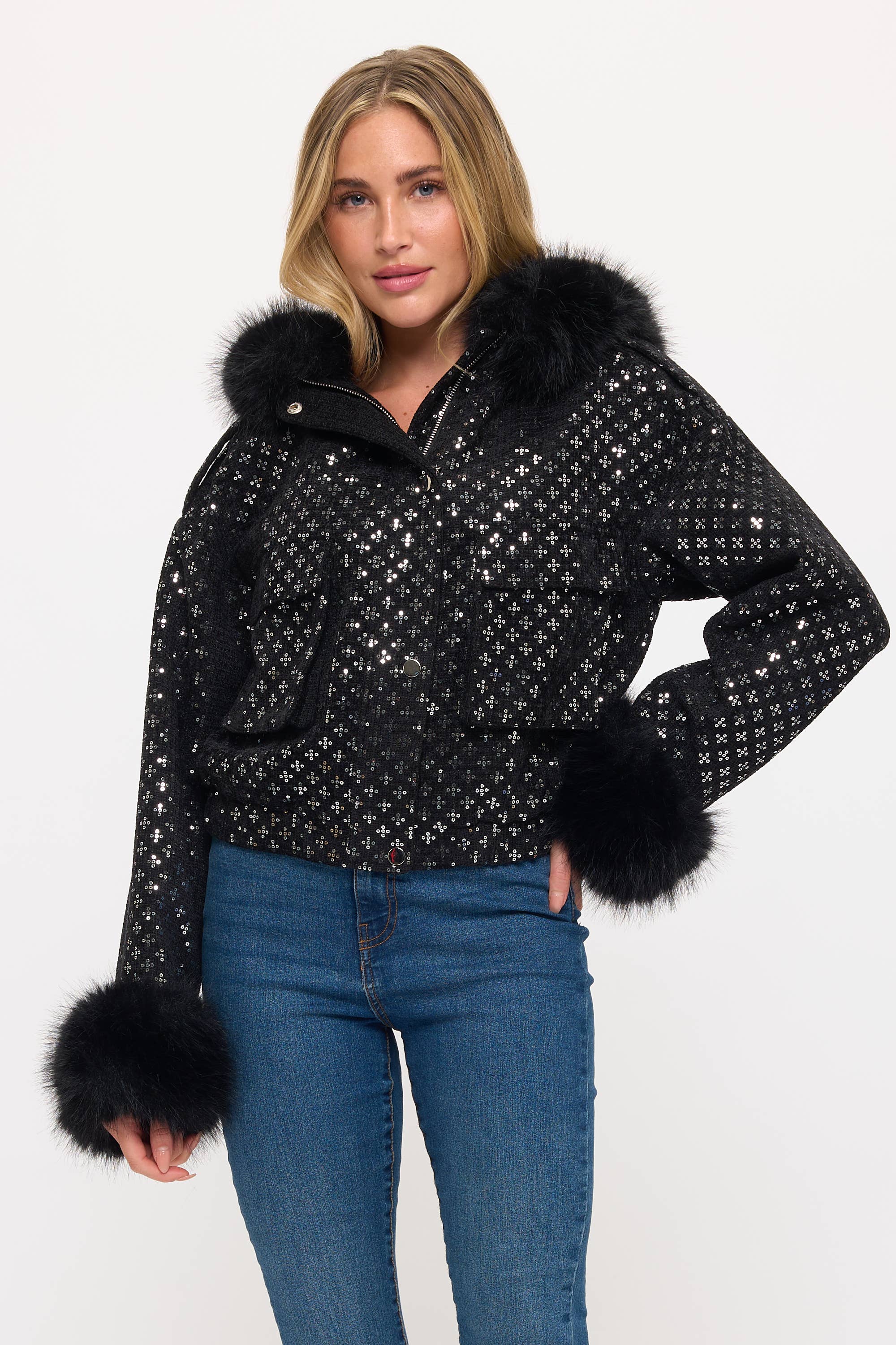 The Starlight Sequin Bomber with Faux Fur Collar
