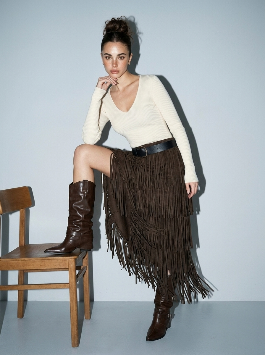 Pleated knit Fringe Layered Skirt with Belt