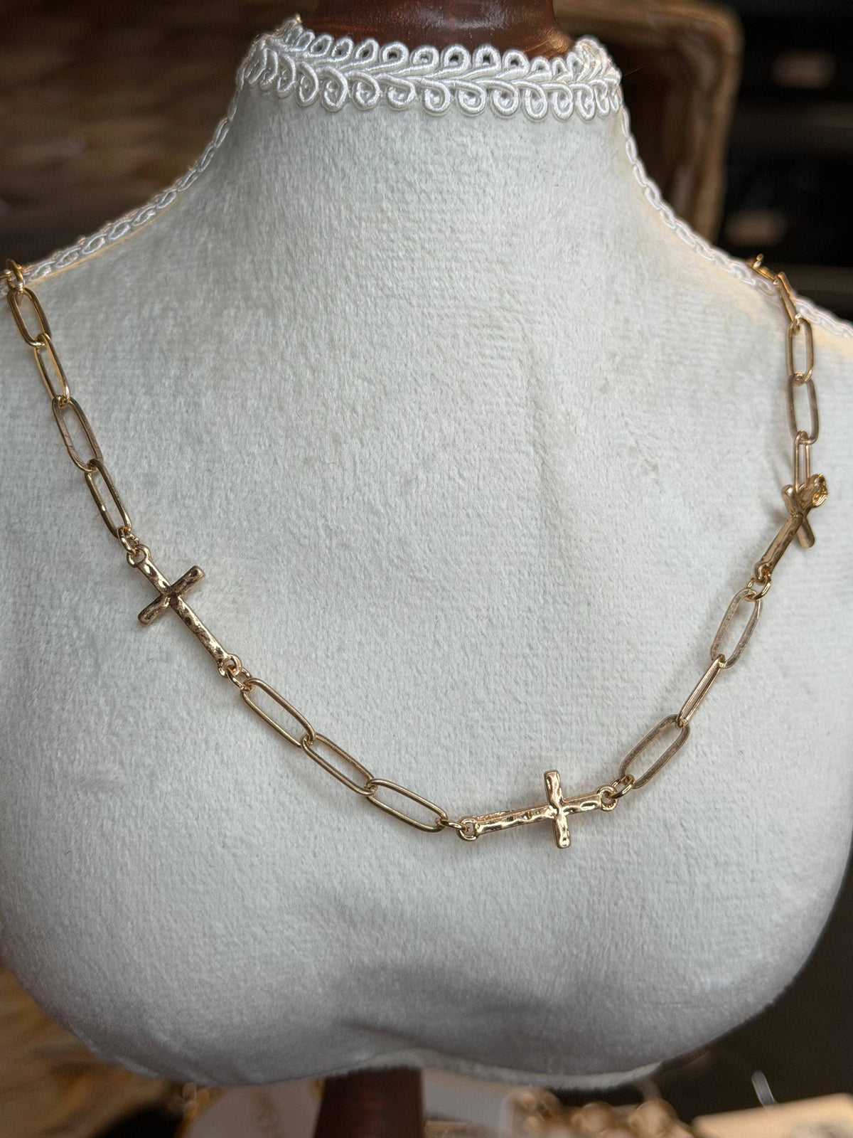 Gold Paperclip Necklace with Hammered Crosses