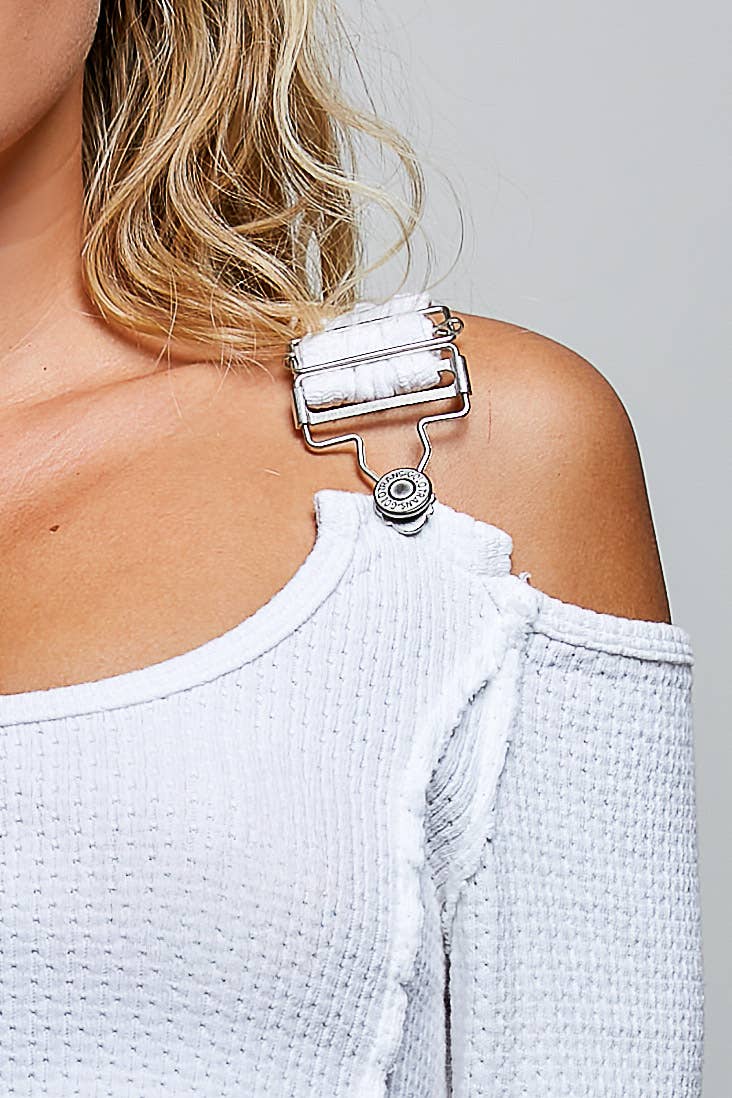 Vintage Washing Solid Buckle Open Shoulder Knit Thermal Top