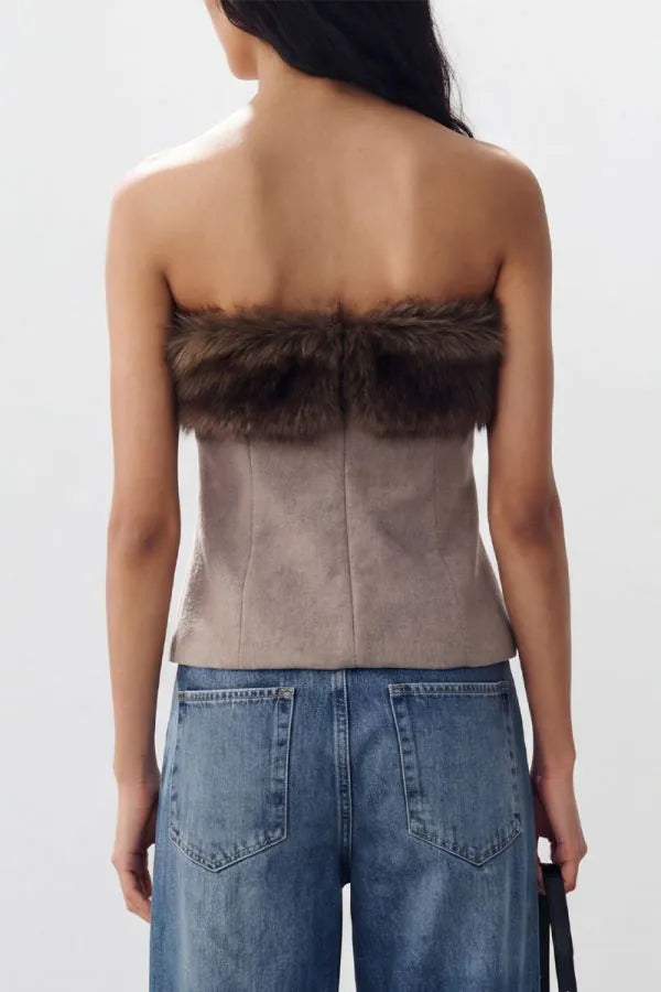 Fur Trim Strapless Top