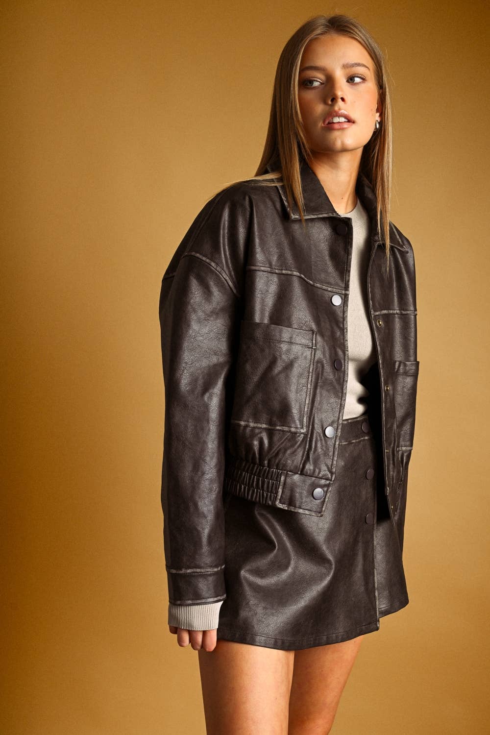 WASHED EFFECT BUTTON FRONT PU JACKET