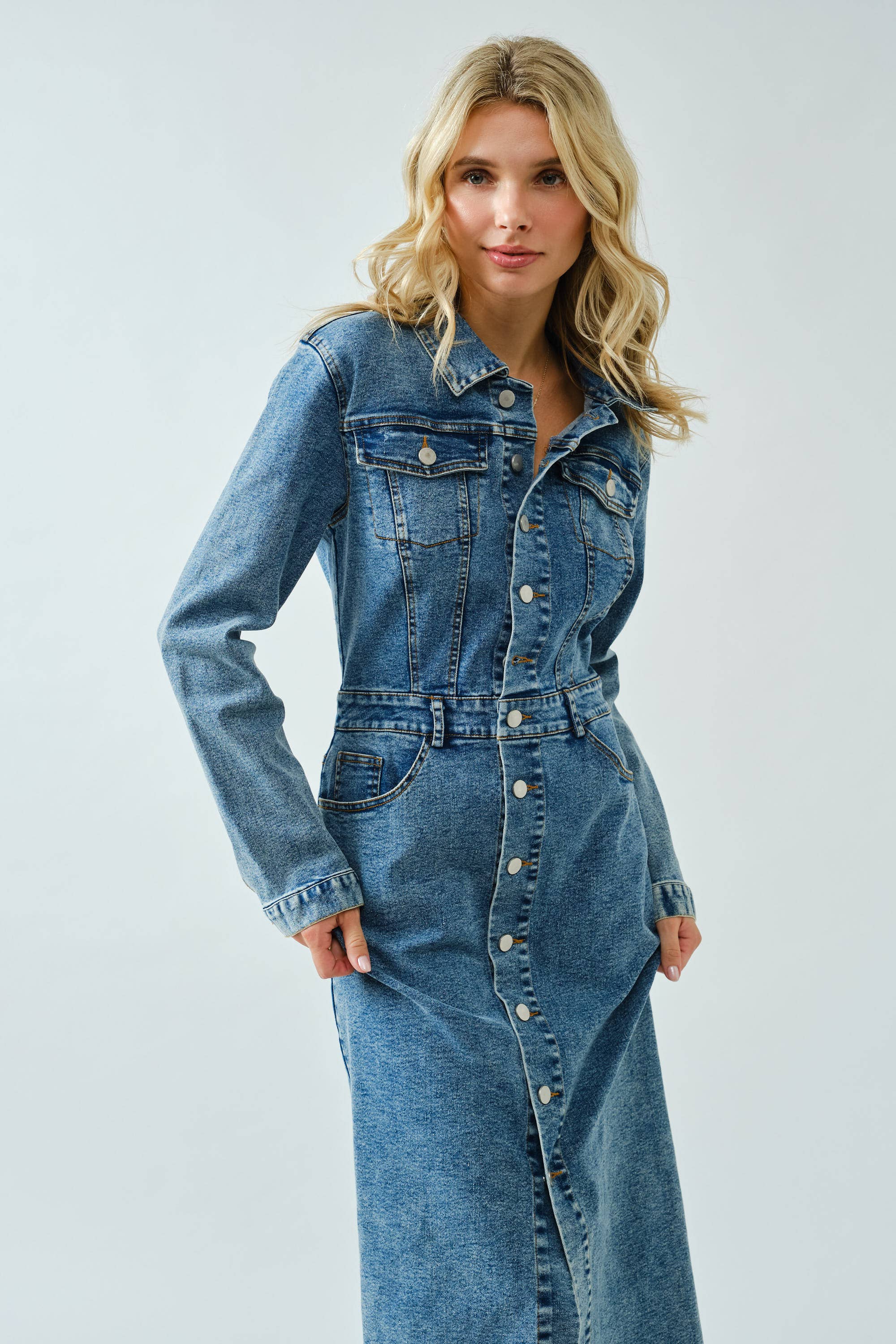 Stretch Button Down Washed Denim Dress