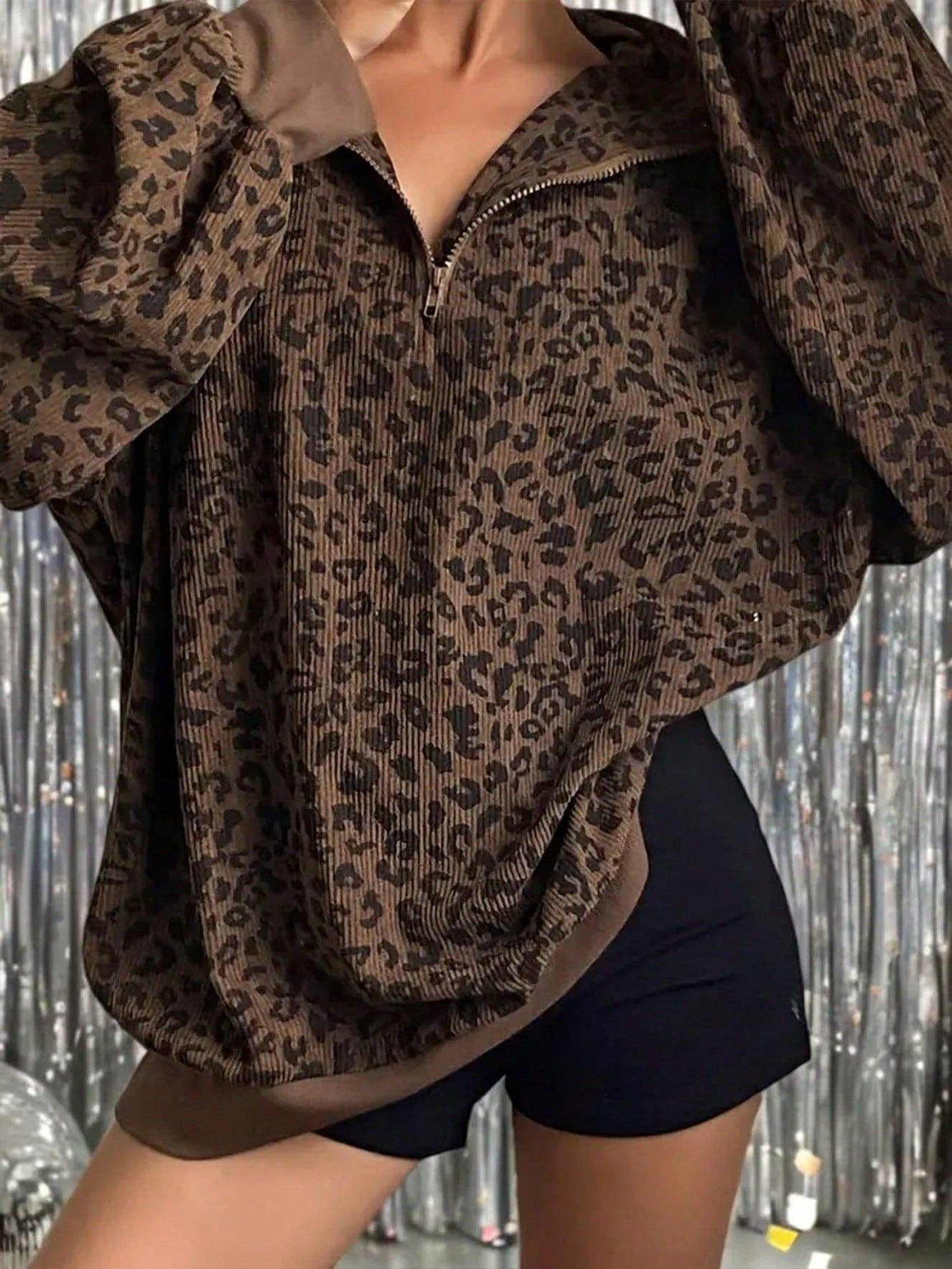 Leopard Corduroy Sweatshirt Streetwear Oversized Half Zip