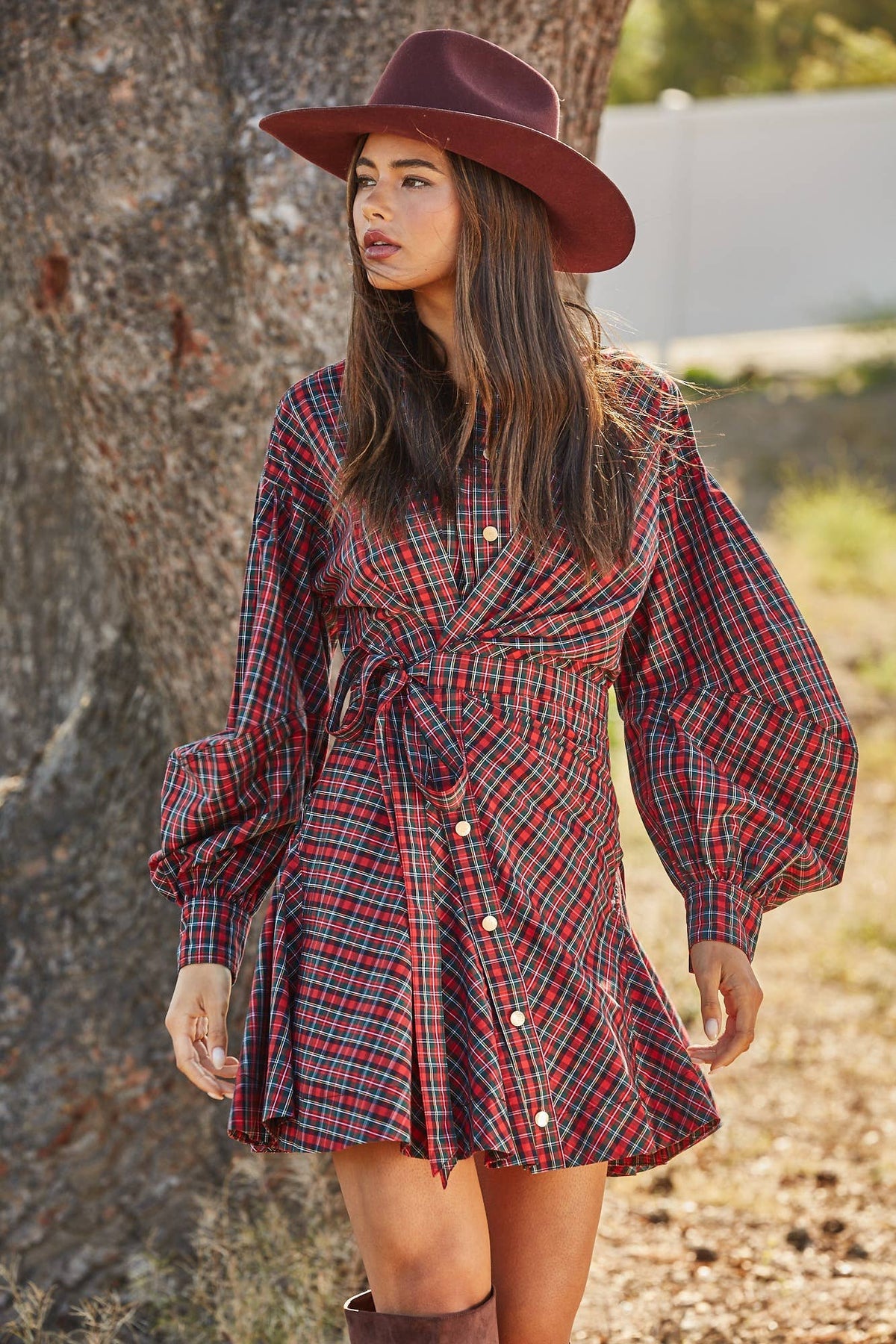 Asymmetrical Ruched Plaid Wrap Dress