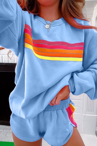Colorful Accent Stripe Shorts & Sweatshirt Set