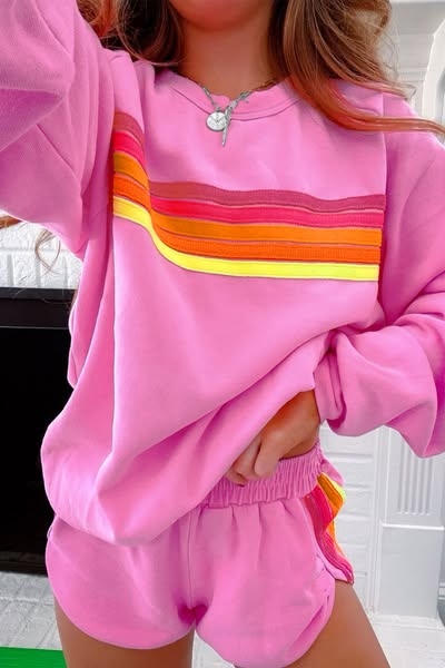 Colorful Accent Stripe Shorts & Sweatshirt Set