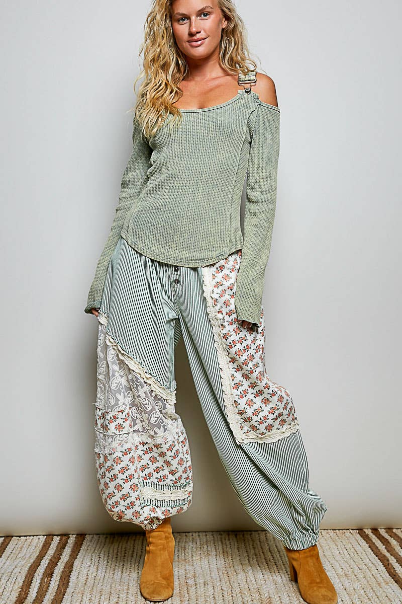 Vintage Washing Solid Buckle Open Shoulder Knit Thermal Top