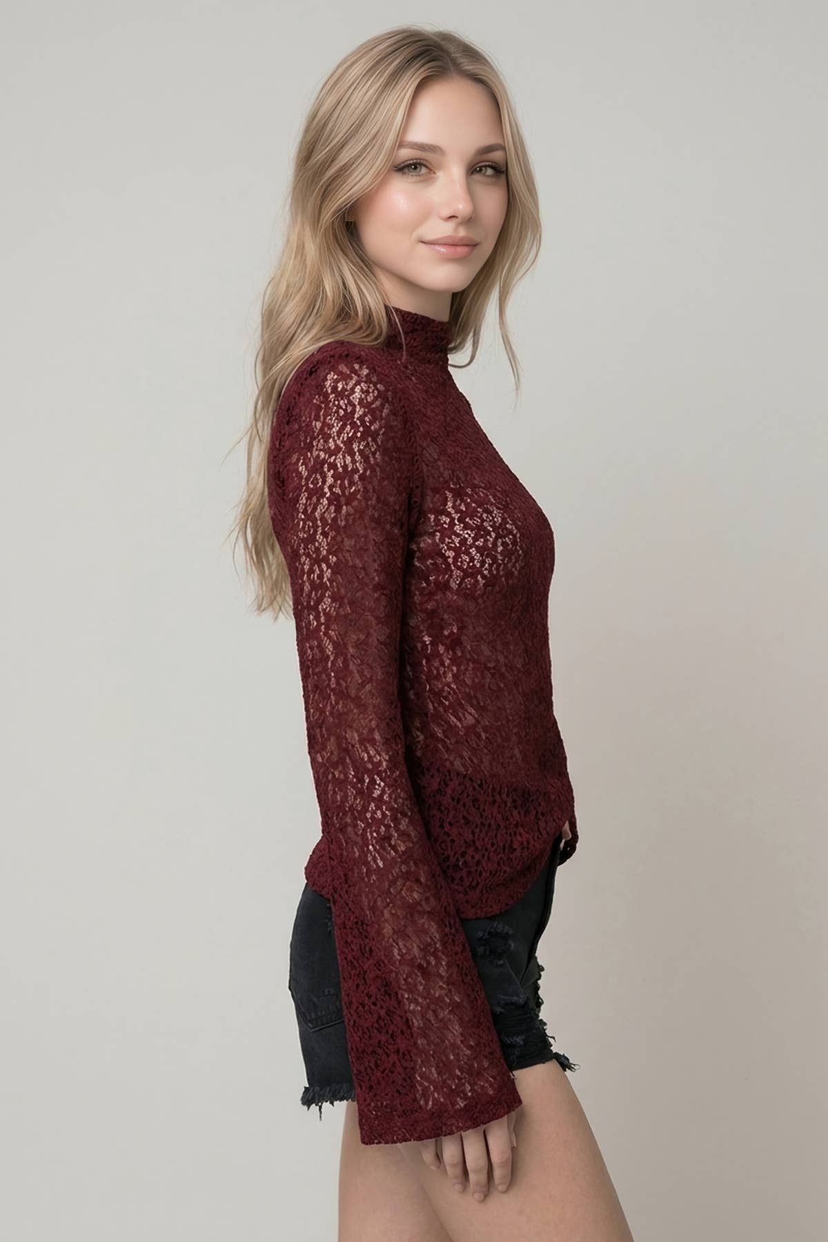 Lace Mock Neck Semi Bell Slv Top