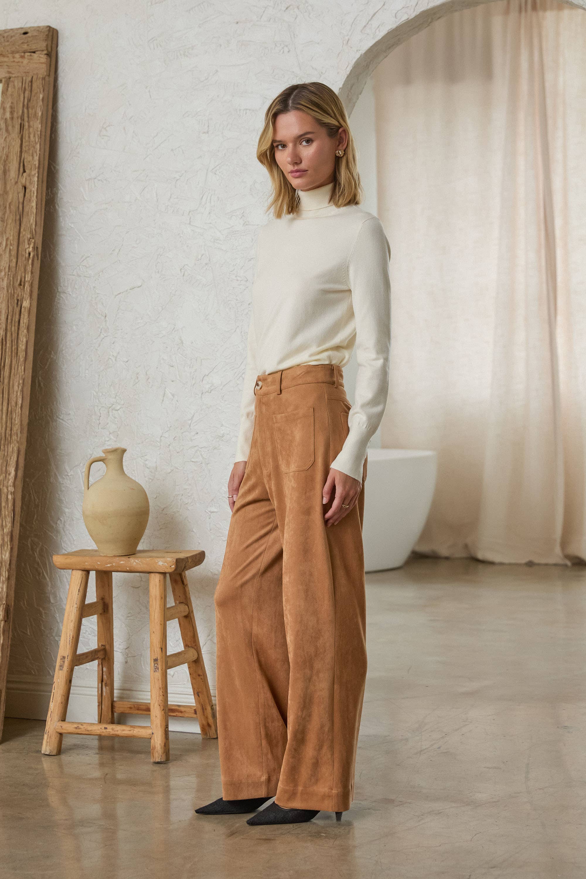 Vegan Suede Wide Leg Pants with Front Pockets