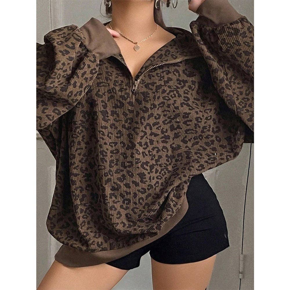 Leopard Corduroy Sweatshirt Streetwear Oversized Half Zip