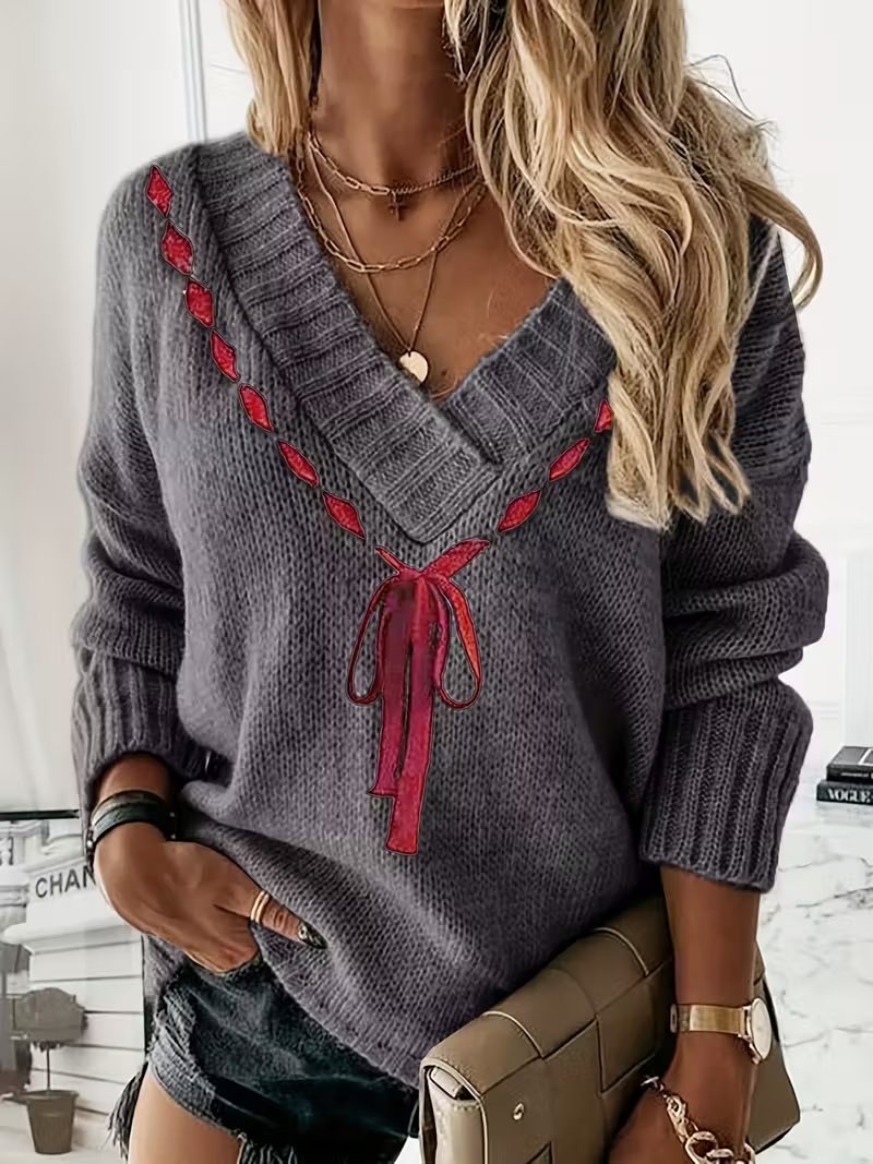 Ribbon Woven V Neck Sweater