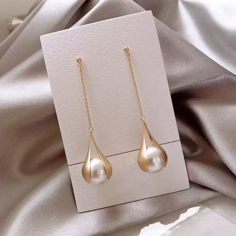 Caged Dangle Pearl Earrings