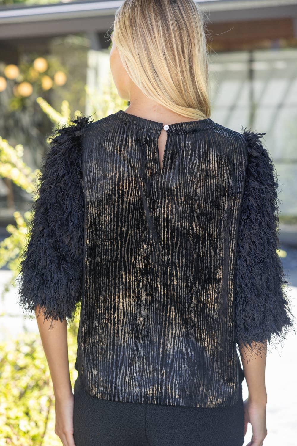 37234 Textured Feathered Sleeve Metallic Stripe Top
