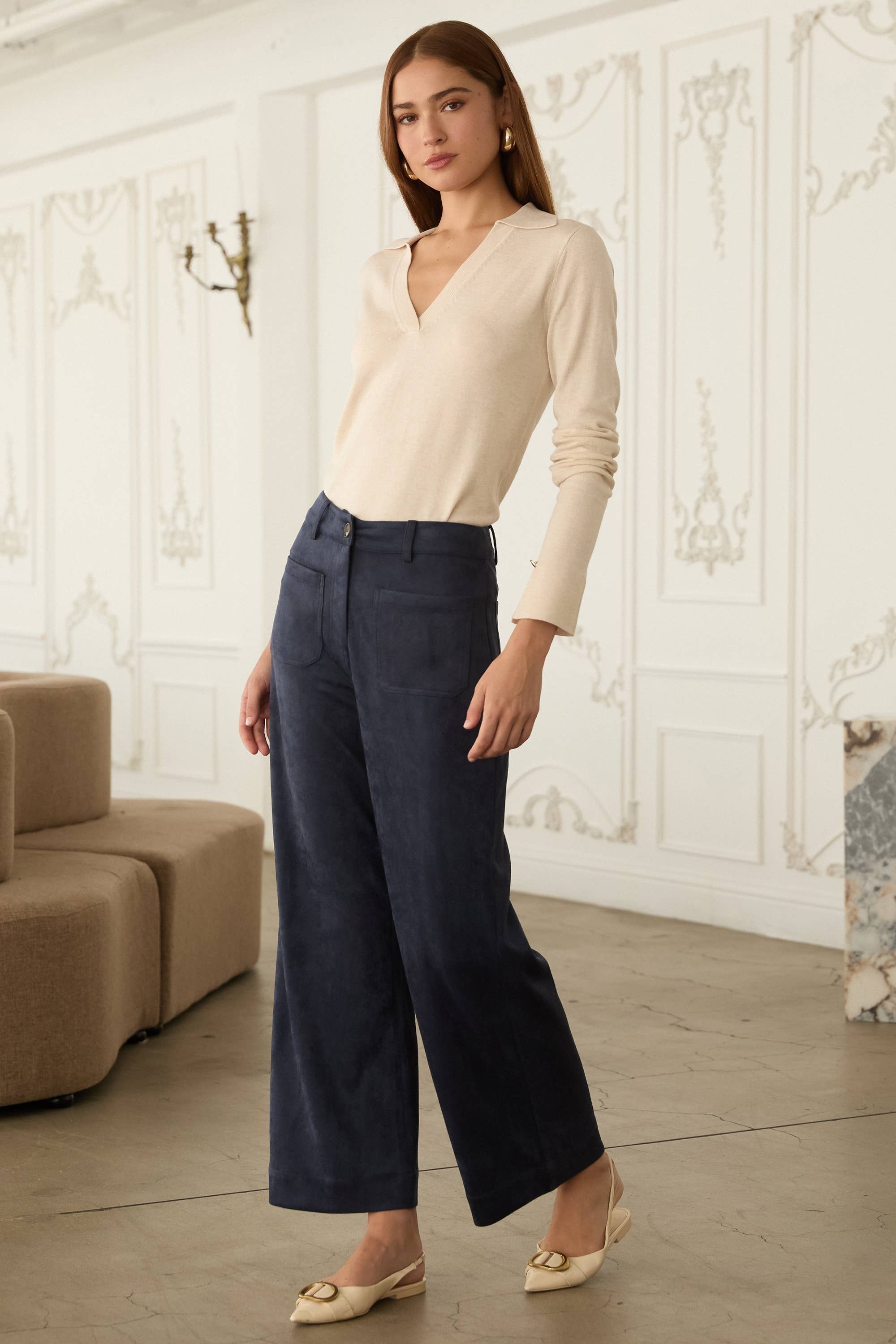 Vegan Suede Wide Leg Pants with Front Pockets