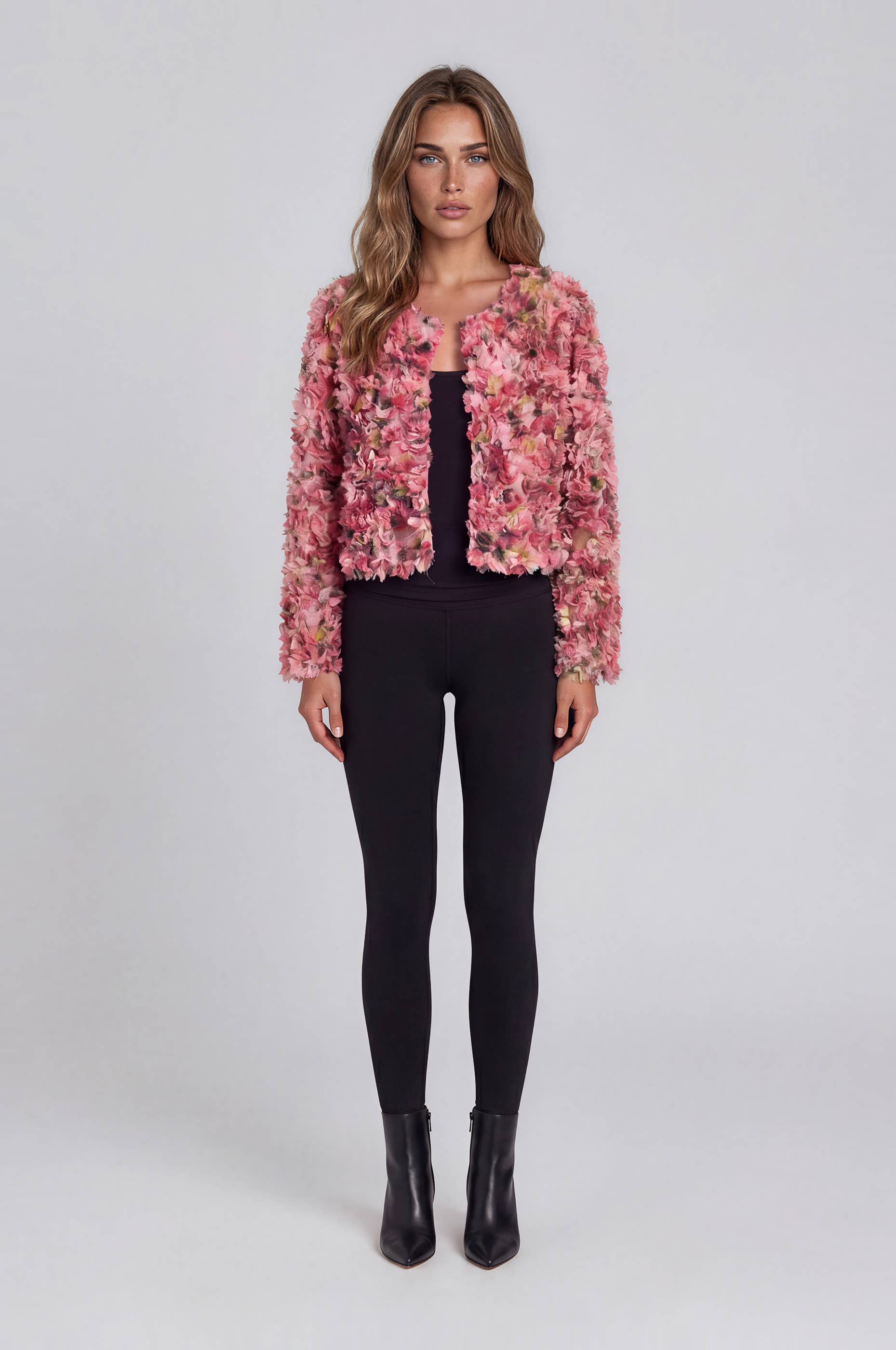 3D Floral Appliqué Cropped Jacket
