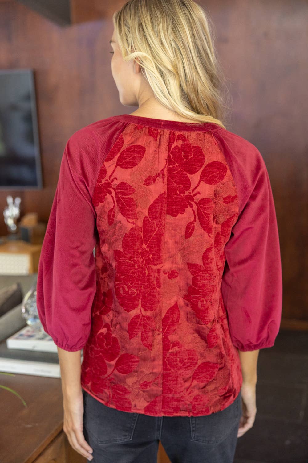 Side Bow Floral Velvet Jacquard Top