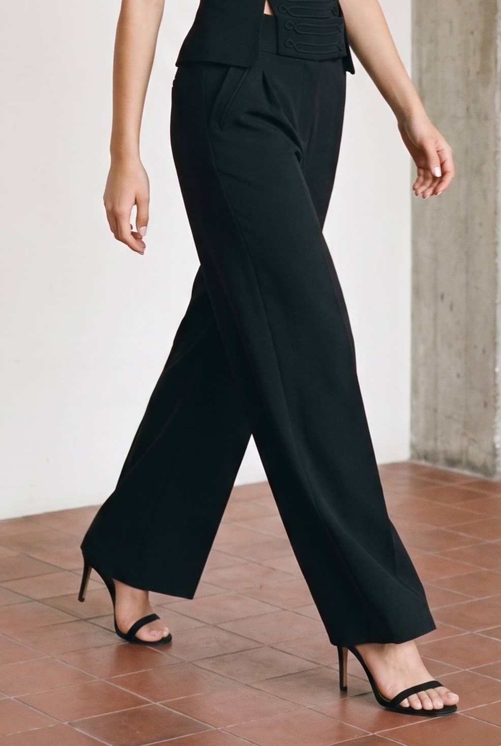 High-Waisted Wide Leg Trousers with Soutache Waistband
