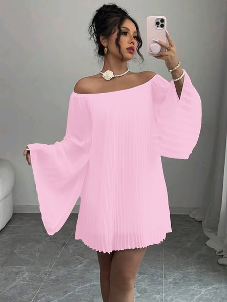Pleated Off Shoulder CHIFFON Dress.