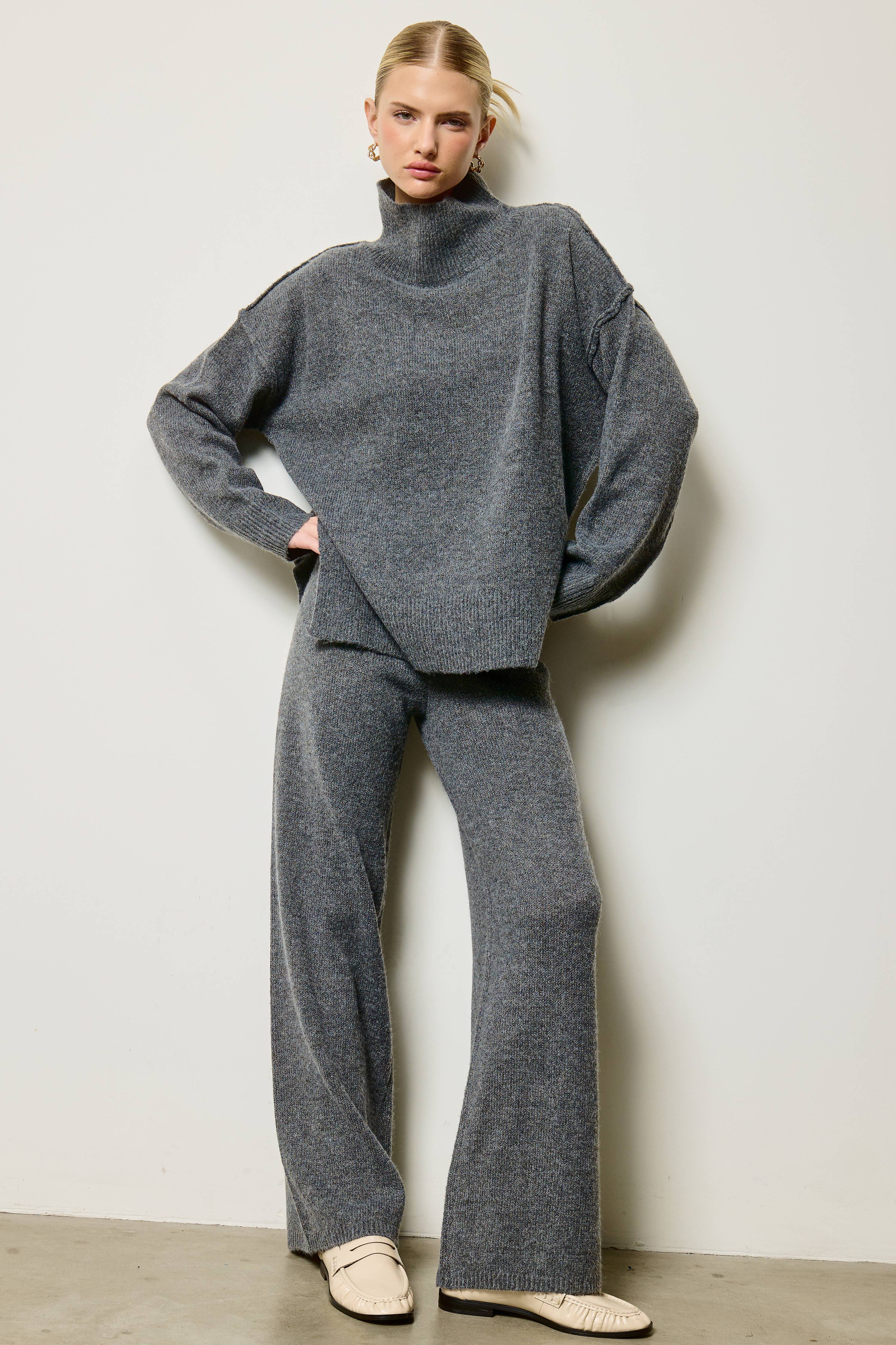 Mock Neck Side Slit Knit Sweater & Pants Set