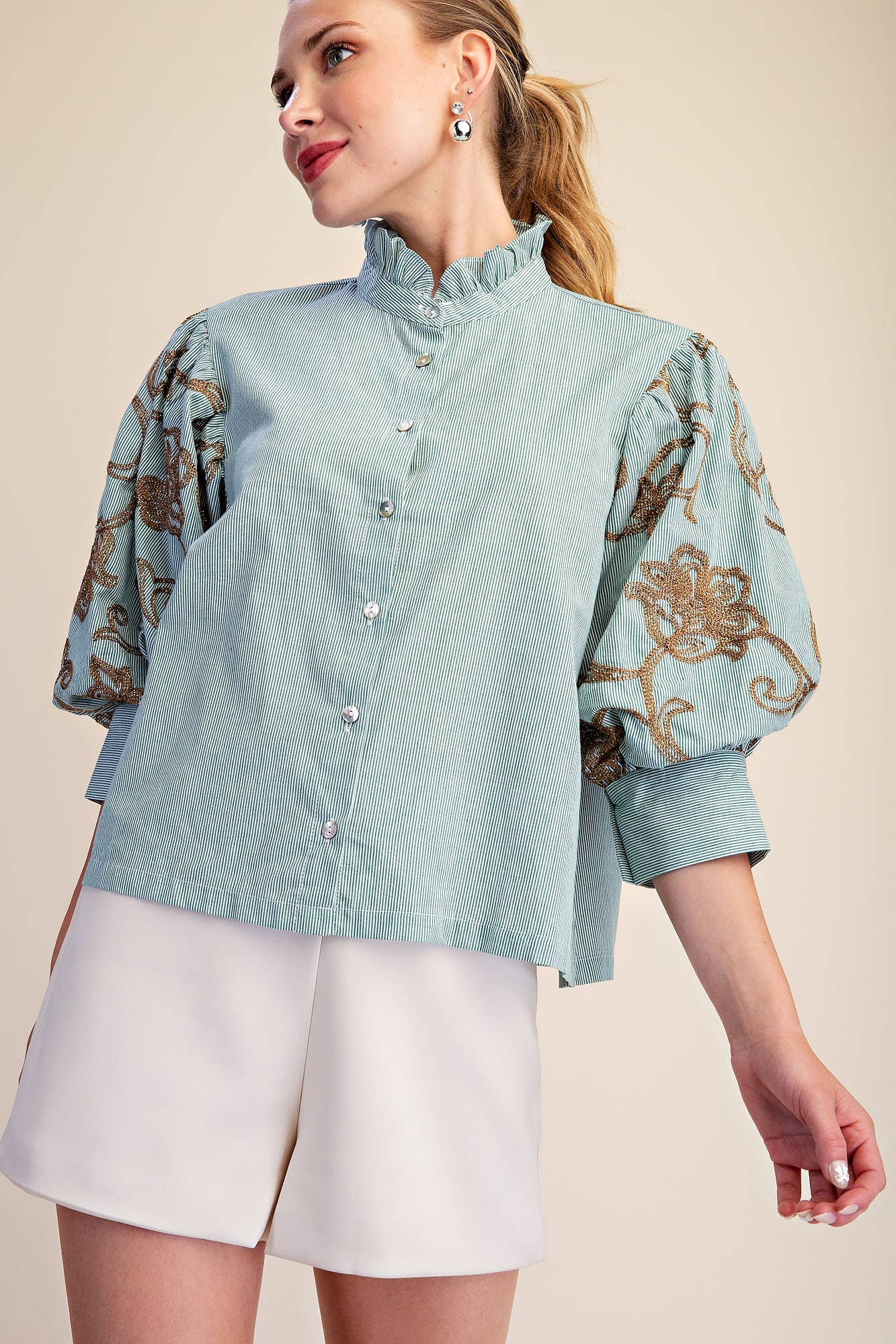 Ruffle Neck Embroidery Puff Sleeve Blouse