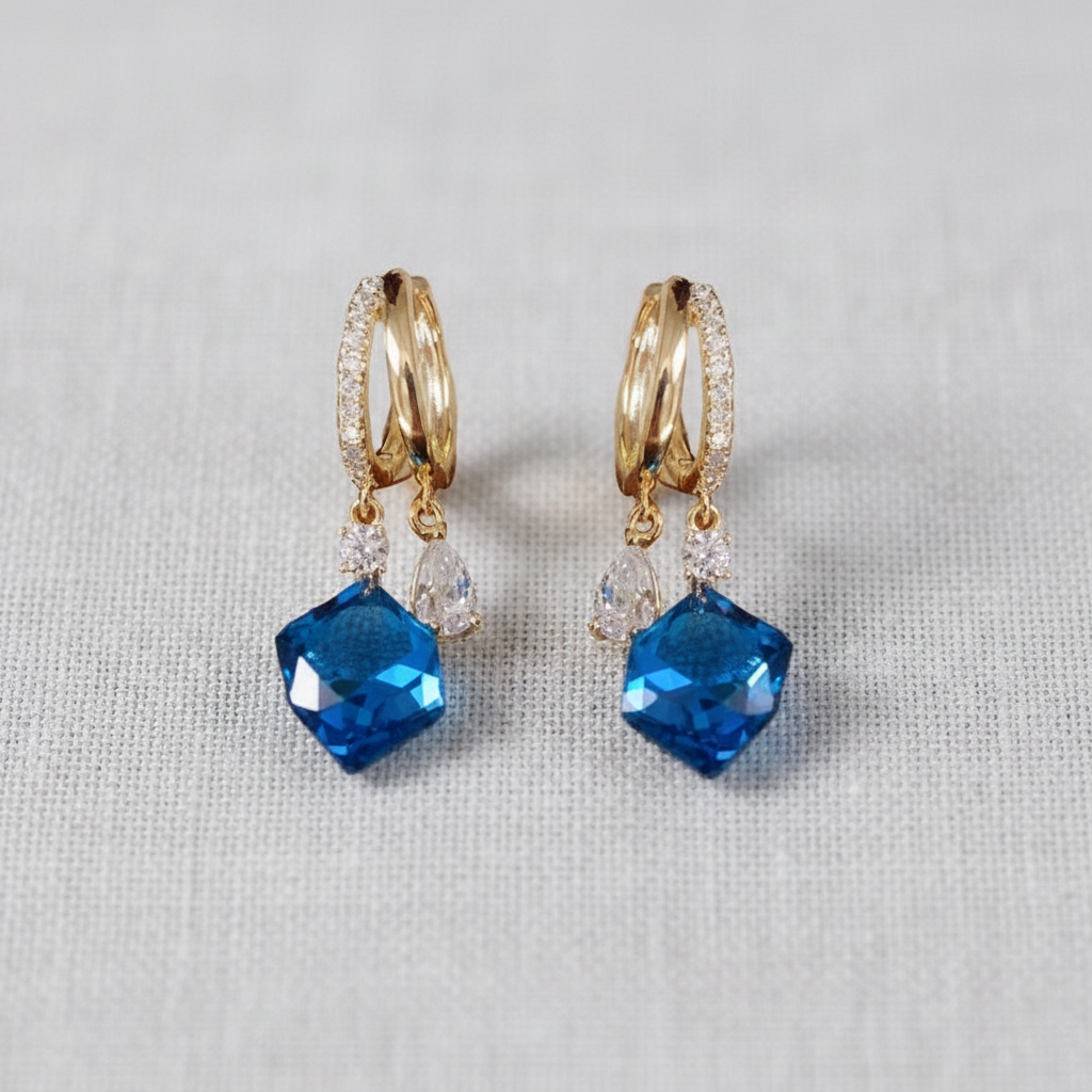 Blue Crystal Cube Stud Earrings