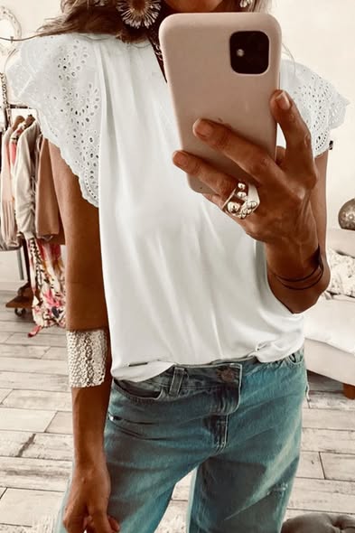 Eyelet Ruffle V Neck Top