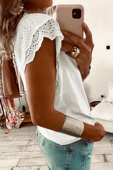 Eyelet Ruffle V Neck Top