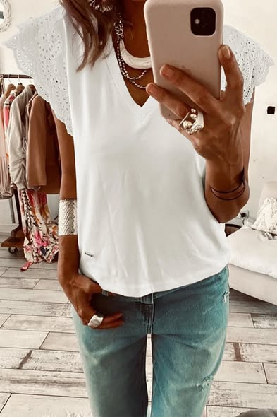 Eyelet Ruffle V Neck Top