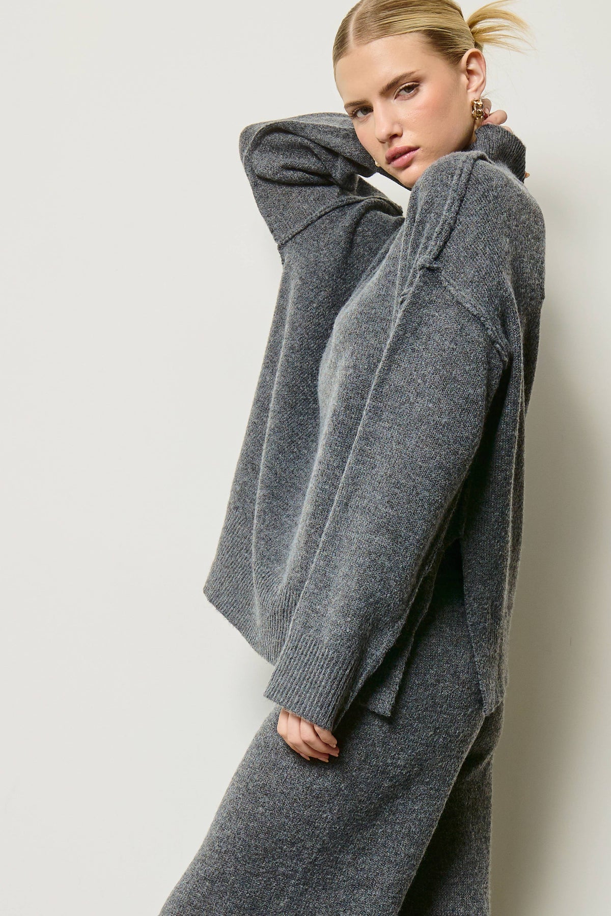 Mock Neck Side Slit Knit Sweater & Pants Set