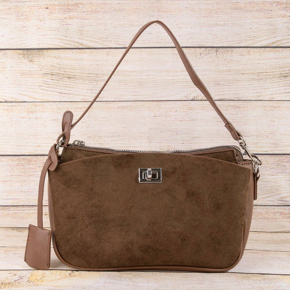 Suede Pouch Shoulder Bag with Turn Lock
