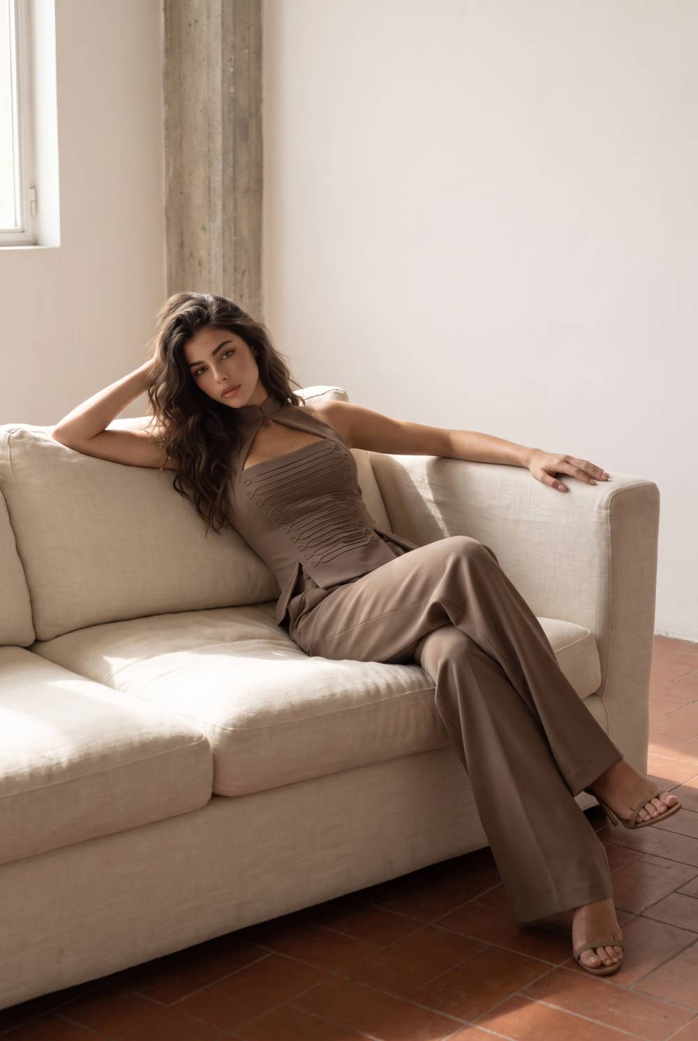High-Waisted Wide Leg Trousers with Soutache Waistband