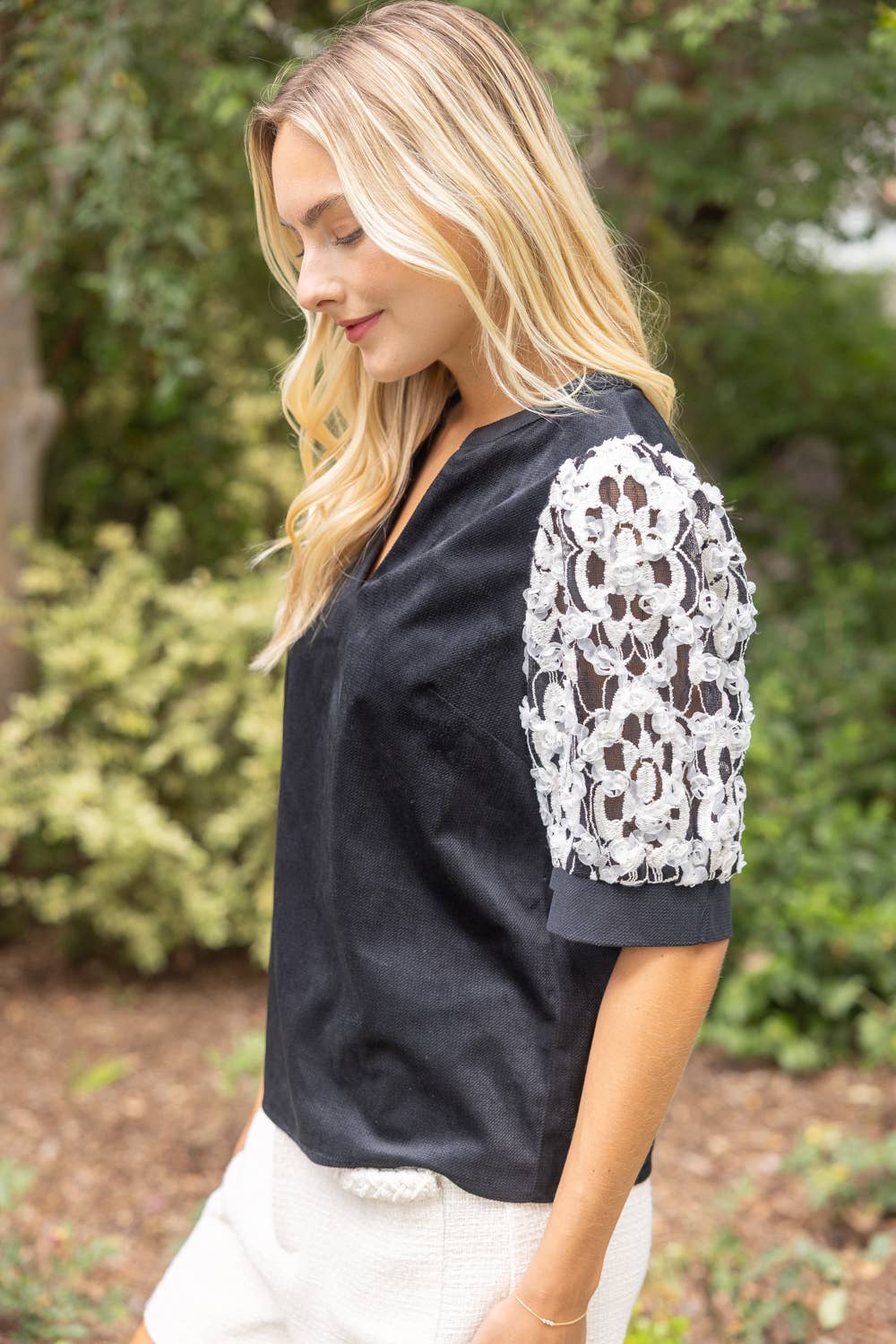 Floral Embroidered Lace Sleeve Colorblock Top