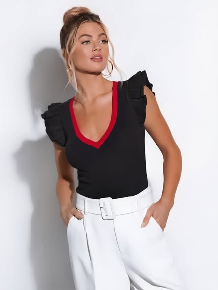 Varsity Chic Ruffle Sleeve Top