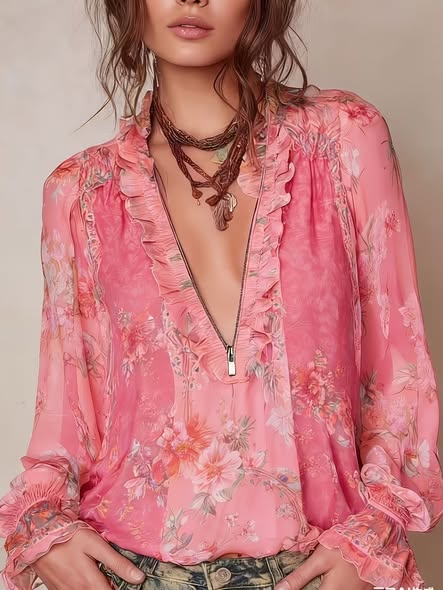 Floral Ruffle Zip Blouse
