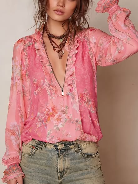 Floral Ruffle Zip Blouse